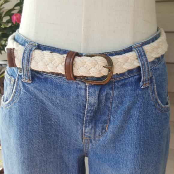 VINTAGE ♡ Sweet Cream Cotton Braided Belt w/Brown Trim 'n Bronze Hardware S/M - Picture 1 of 10